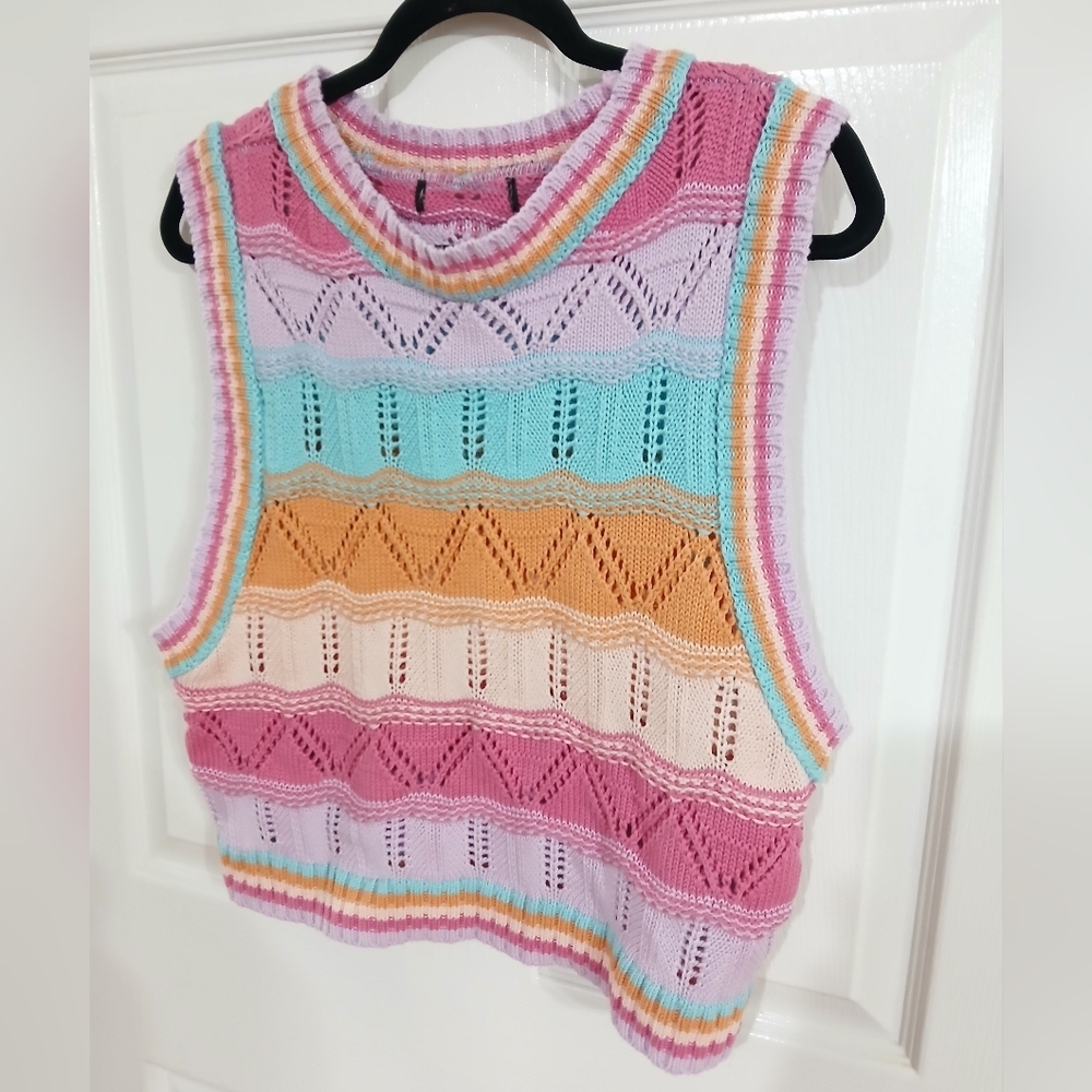 Zara Multicolor Striped Knit Crop Sweater Vest - Pink, Lavender, Aqua, Peach
